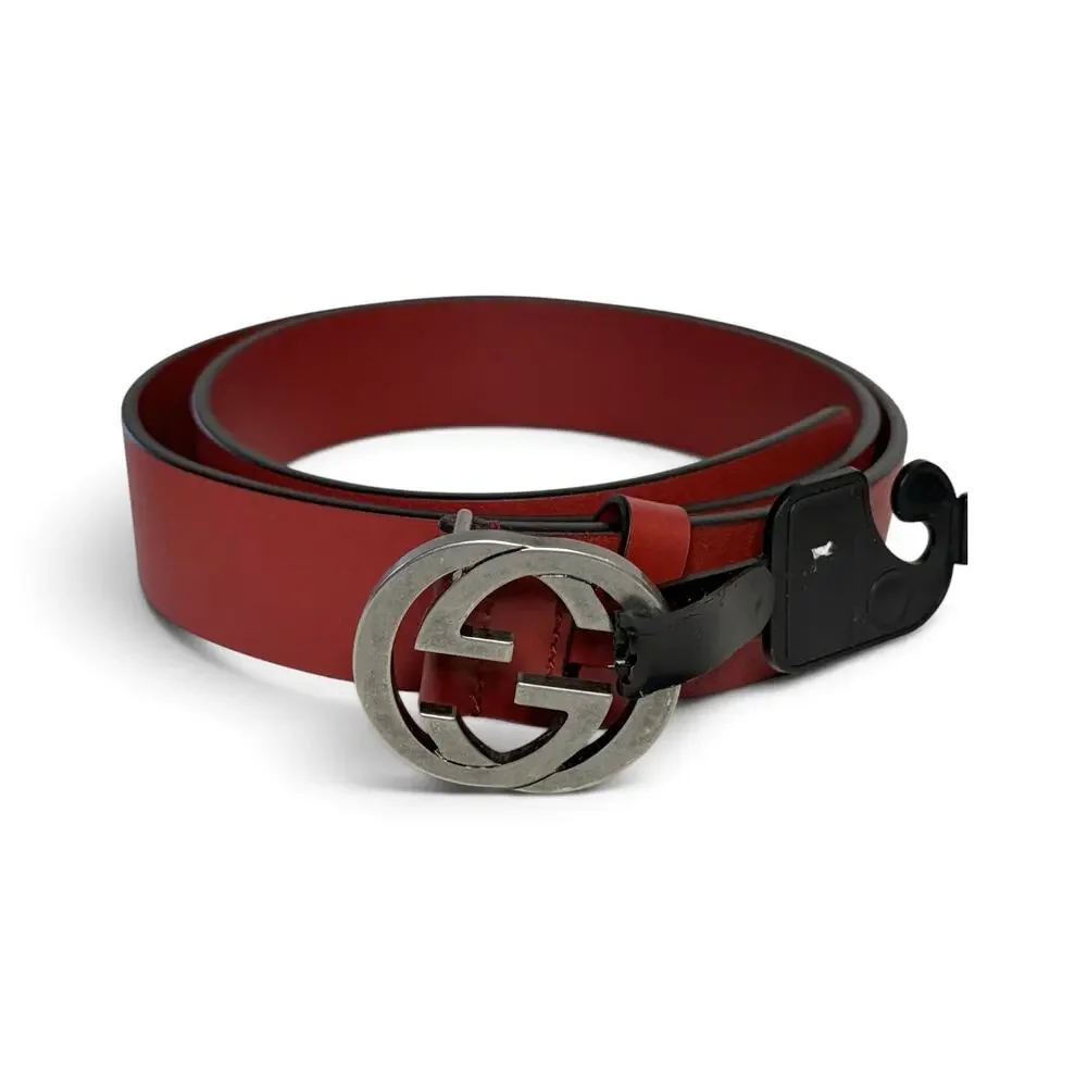 Gucci Interlocking G Red Leather Belt Silver Buckle Size 95/38 NWT Authentic